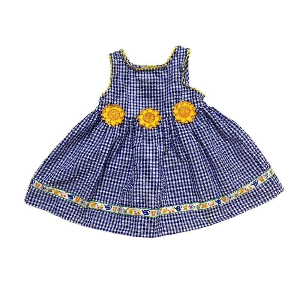 Youngland Sunflower‎ Dress Size 12 Months Yellow Blue Gingham Caterpillar Garden